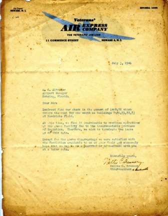 Yellowed-paper Veterans Air Express letterhead with DC-3 logo dated 3 July 1945 notifies Hendricks Field Manager they are canceling their tenancy.