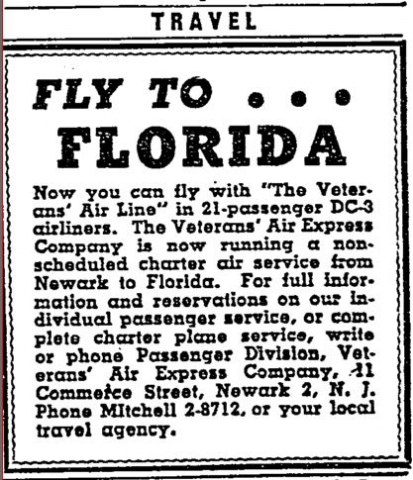 The New York Times Classifieds: Travel section. Jan 18 & 27, 1946. Veterans Air Express