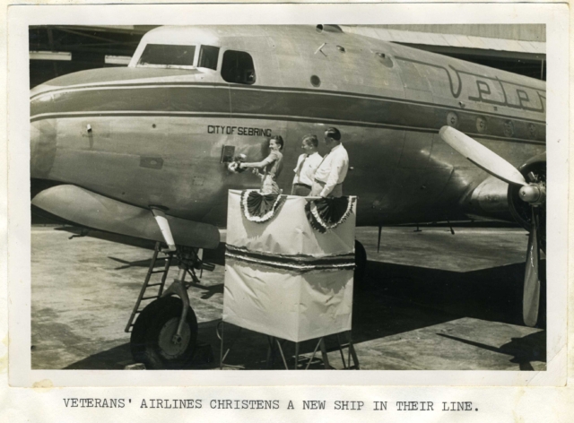 Florida orange juice christening in June 1946 of the Veterans Air Line second DC-4. A 15-member company tech team outfitted and painted the ex-military aircraft to cargo configuration at the Veterans Air newly opened operations center at Sebring Airport.