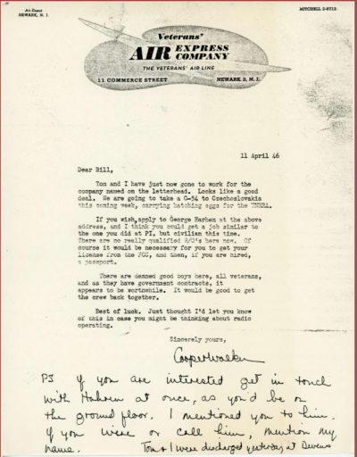 COOPER WALKER trying to recruit to his WWII Radio Operator in a letter on April 11, 1946.