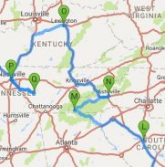 Map showing potential stops on Gaye Lyn's Veterans Air trek between South Carolina and Tennessee. Kentucky may even be along the zig zag itinerary.