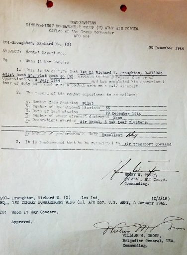 Army Air Forces Combat Experience document signed 30 Dec 1944 by Air Corps Commanding Officer, Colonel Henry W. Terry and approved by Brigadier General William M. Gross.