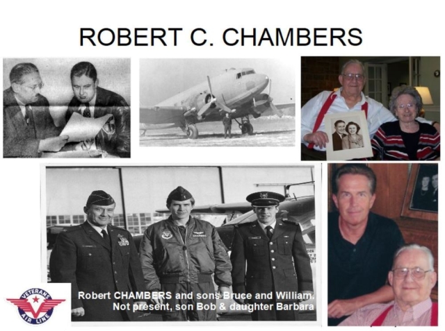 5-photo collage of Robert Chambers meeting with Veterans Air attorney, Harvey Stevenson, standing with VAE's first DC-3, and family photos with his wife and sons.