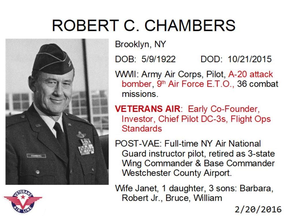 Robert C Chambers in NY Air Nat'l Guard uniform with brief listing of his WWII service, active role in Veterans Air, and military career accomplishments.