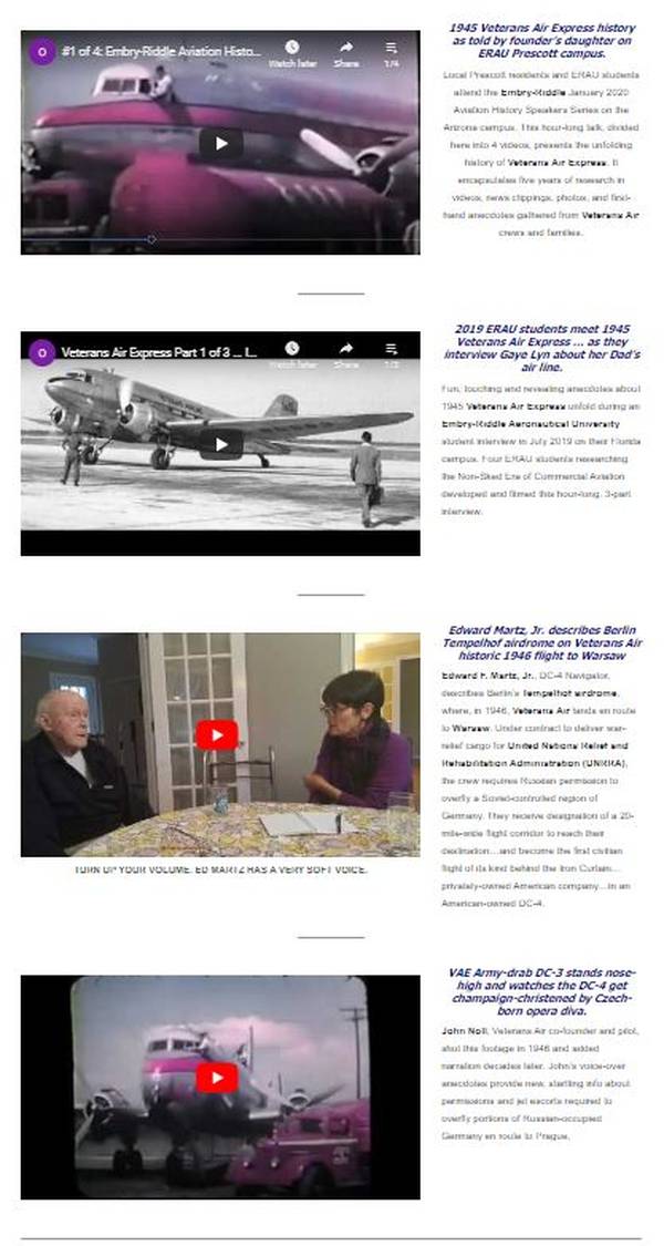 Thumbnail images of four Veterans Air YouTube videos now in the websilte Video Library.