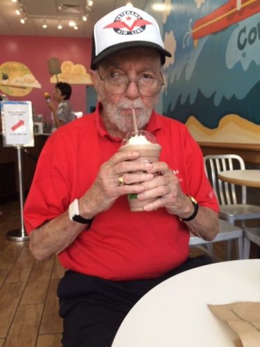 Jack Stetter, sporting a bright red shirt and Veterans Air Line cap, and sipping a huge ice cream soda.