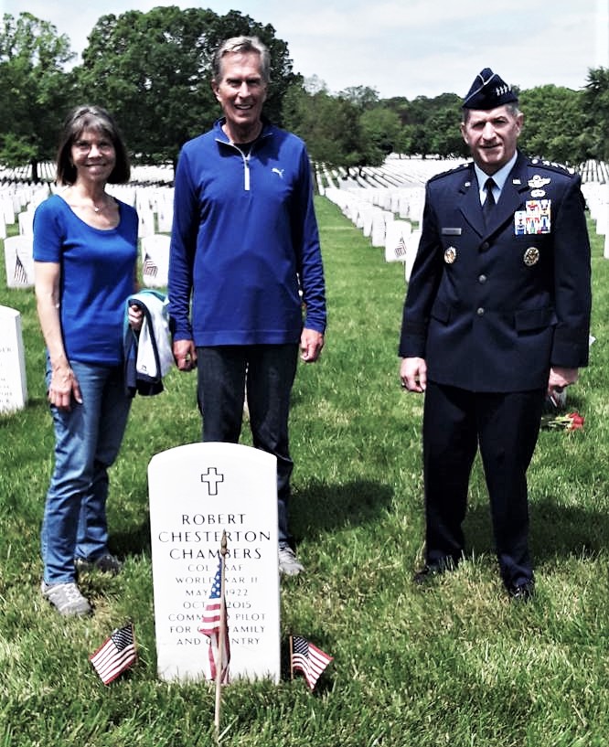 General David Goldfein, Air Force Chief of Staff with Bruce and Jan Chambers at Arlington gravesite of Robert and Janet Chambers, Bruce's parents.