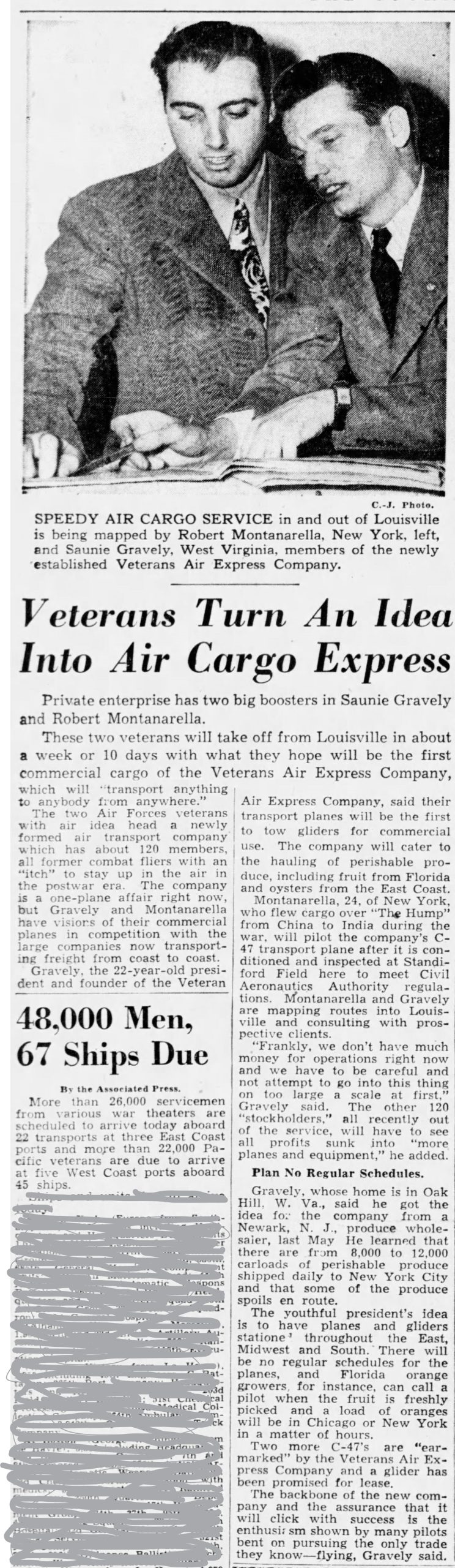One of the earliest press stories after Veterans Air was formed, but before its first reveue cargo flight. Photo of Saunie Gravely, Founder, and Robert Montanarello, first-hire Veterans Air pilot.