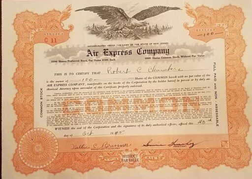 Image of stock certificate of Robert C Chambers, purchased prior to the Air Express Company adding the name VETERANS to their title.