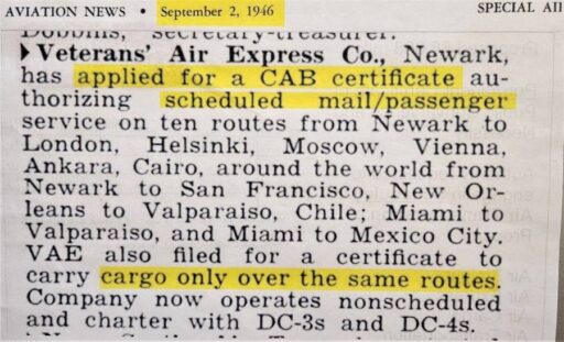 13-line clipping from AVIATION NEWS, dated 9/2/1946, listing Veterans Air applications for around-the-world flight routes for mail/passenger service and a second certificate for cargo only over the same routes.